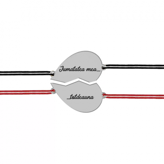 Set bratari argint cuplu inimioare 16 mm si snur negru (M) si rosu (F) (2 bucati incluse) - personalizate cu text Set bratari argint cuplu inimioare 16 mm si snur negru (M) si rosu (F) (2 bucati incluse) - personalizate cu text